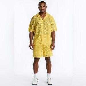 NovaMen Relaxed Kyros Crochet Button Up Shirt & Short - Yellow